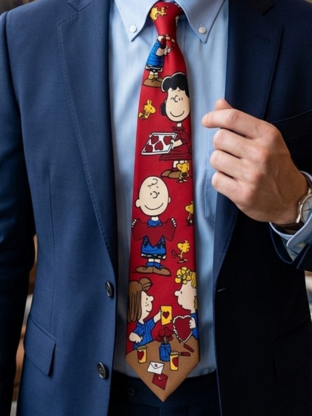 Peanuts Character Red Silk  Tie - Lucy, Charlie Brown & Woodstock